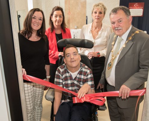 Orla McCann, Disability Action, Catherine Carlin, Disability Services, WHSCT, Linda Beckett, General Manager of Glen Caring, Jonathan Hagon, service user and the Mayor of Derry City and Strabane District Council, Councillor Maolíosa McHugh celebrate the new Glen Caring State-of-the-Art ‘Changing Places’ facility for people with severe mobility disabilities which has been officially opened in Ebrington Square, Derry/Londonderry. The facility has been developed and customised to cater for those with severe mobility issues – as standard disabled toilets simply don’t meet their needs.